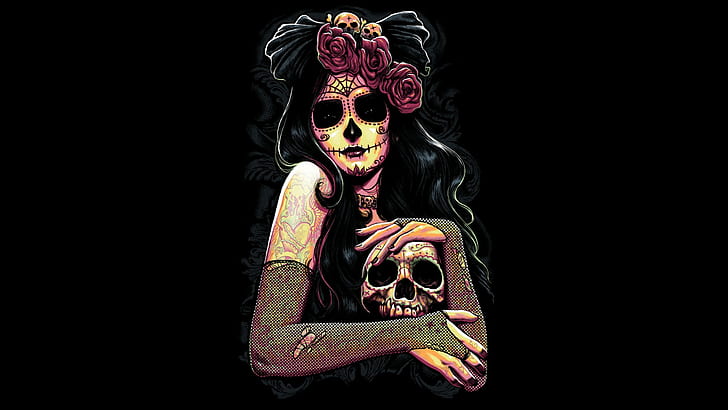 Artystyczny, Sugar Skull, Day of the Dead, Fantasy, Gothic, Rose, Woman, Tapety HD