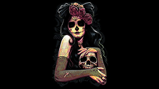 예술, 설탕 두개골, 죽음의 날, 판타지, 고딕, 장미 꽃, 여자, HD 배경 화면 HD wallpaper