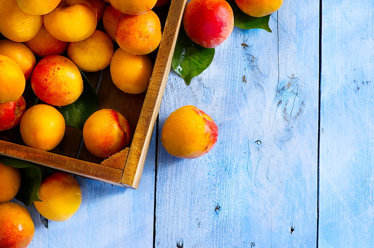 yellow tomatoes, table, box, food, fruit, apricots, HD wallpaper
