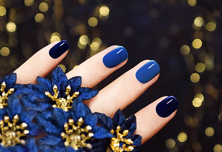 blue and black manicure, macro, background, fingers, flowers, nails, blue, manicure, HD wallpaper HD wallpaper