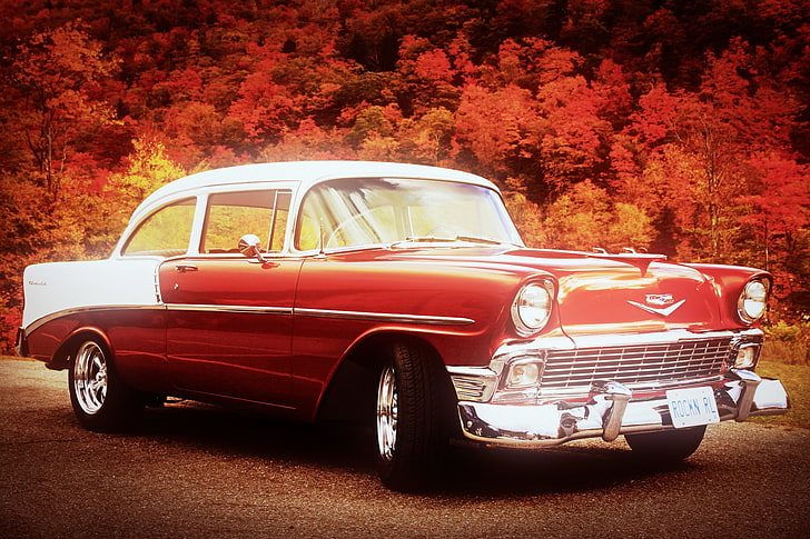 auto, macchine rosse, veicolo, veicolo d'epoca, Chevrolet, bel-air, Sfondo HD