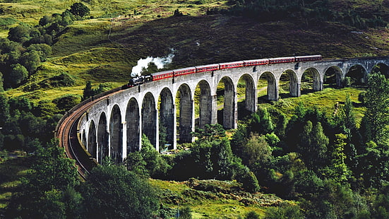 茶色の列車、植物、ヨーロッパ、イギリス、スコットランド、グレンフィナン、蒸気機関車、ジャコバイト、風景、草、電車、水道橋、水、木、アーチ橋、高架橋、橋、自然、 HDデスクトップの壁紙 HD wallpaper