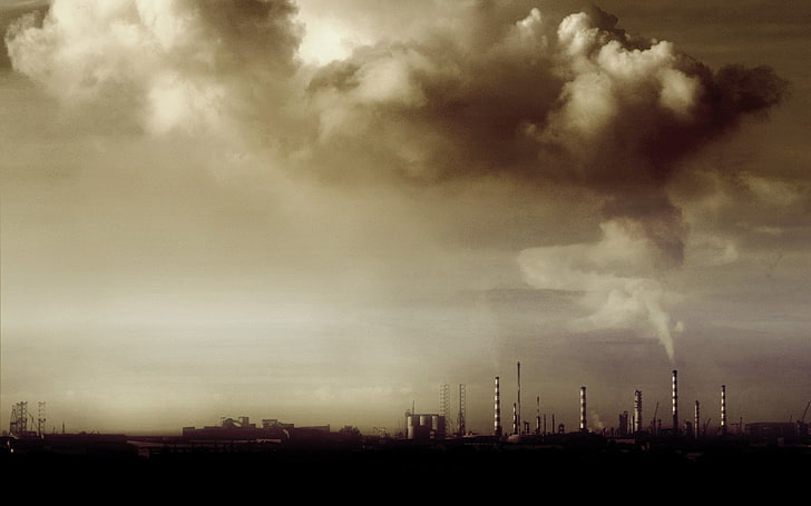 индустриальный, пейзаж, облака, дым, сепия, HD обои
