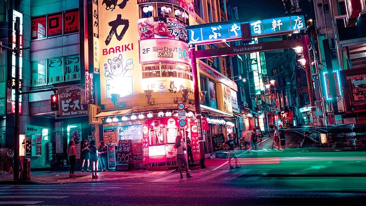 Asia, city, urban, night, street, people, city lights, stores, billboards, long exposure, HD wallpaper