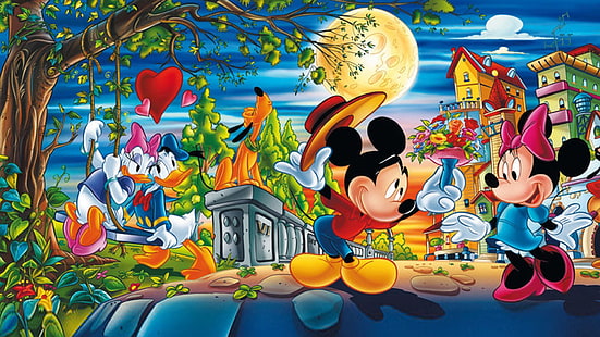 Dibujos animados del día de San Valentín Mickey con Minnie Mouse y Donald con Daisy Duck Imágenes de Disney Love Couple Wallpaper Hd 1920 × 1080, Fondo de pantalla HD HD wallpaper