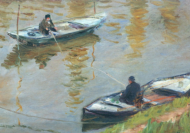 пейзаж, лодка, картина, Клод Моне, Двама рибари, HD тапет