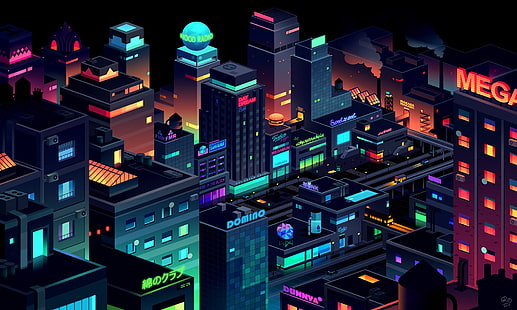 ilustracja budynków miejskich, budynki miejskie podczas ilustracji nocnych, Romain Trystam, sztuka cyfrowa, pejzaż miejski, światła miasta, kolorowe, futurystyczne, futurystyczne miasto, Tapety HD HD wallpaper