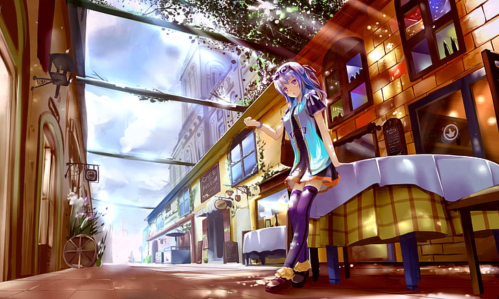 kadın anime karakteri dijital duvar kağıdı, kyaro, sanat, kız, sokak, şehir, HD masaüstü duvar kağıdı