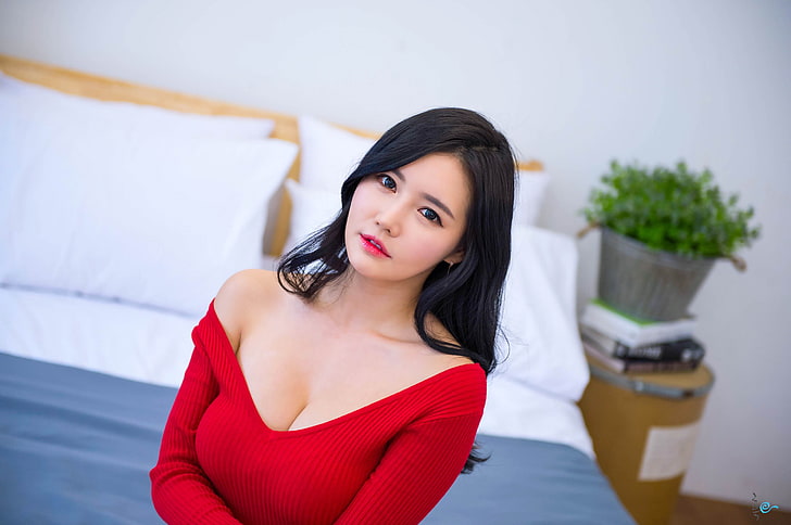 червена рокля, жени, азиатски, спалня, V-образно деколте, Han Ga Eun, HD тапет