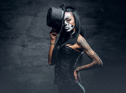 cabelo preto, tatuagem, chapéu, Dia de los Muertos, maquiagem, mulheres, tubo, HD papel de parede HD wallpaper