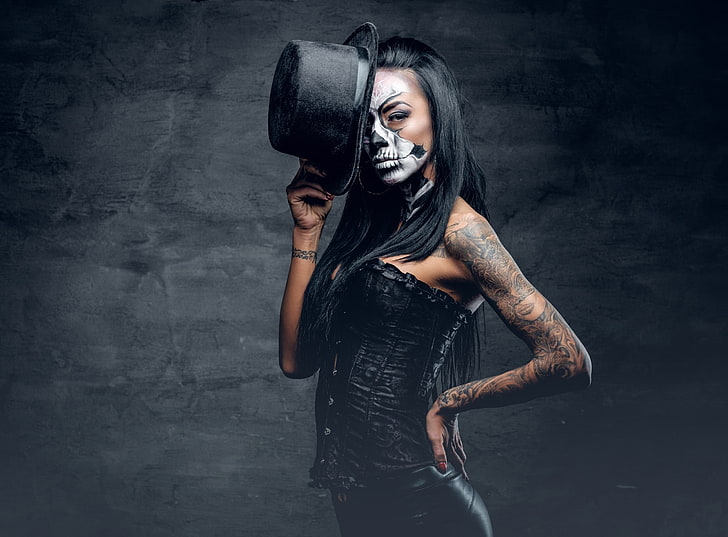 Dia de los Muertos, mujeres, maquillaje, sombrero, cabello negro, top de tubo, tatuaje, Fondo de pantalla HD