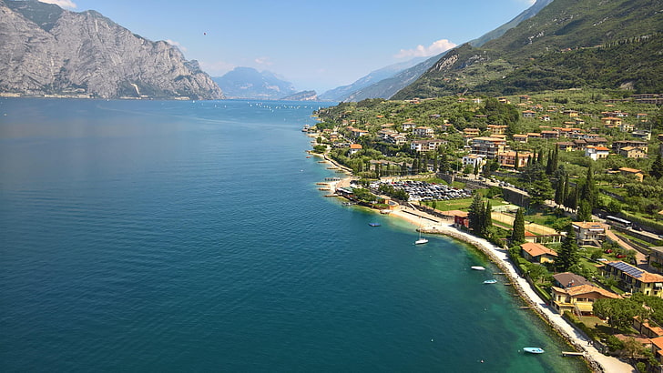 озеро, синий, пейзаж, дом, италия, lago di garda, HD обои