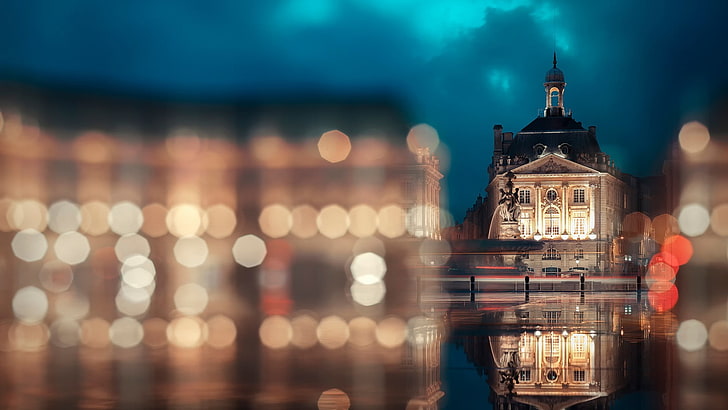 graue konkrete Kirche, Bokeh, Paris, Gebäude, Reflexion, HD-Hintergrundbild