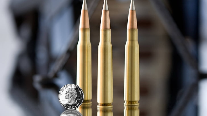 three rifle bullets, ammunition, coins, money, metal, HD wallpaper