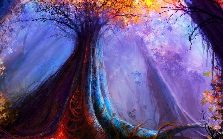 art, artwork, autumn, fantasy, forest, landscape, Magical, nature, tree, HD wallpaper