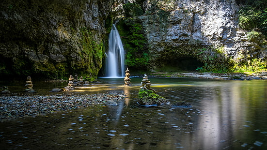 pierre cairn avec cascades, nature, eau, pierres, reflet, cascade, rochers, Fond d'écran HD HD wallpaper