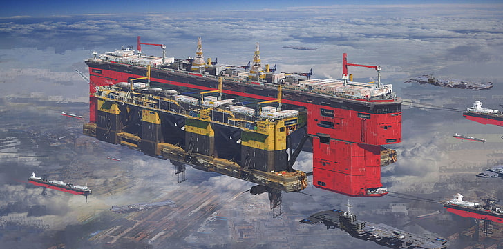 rote und gelbe Raumschiff Tapete, Luftschiffe, Kunstwerk, Paul Chadeisson, HD-Hintergrundbild