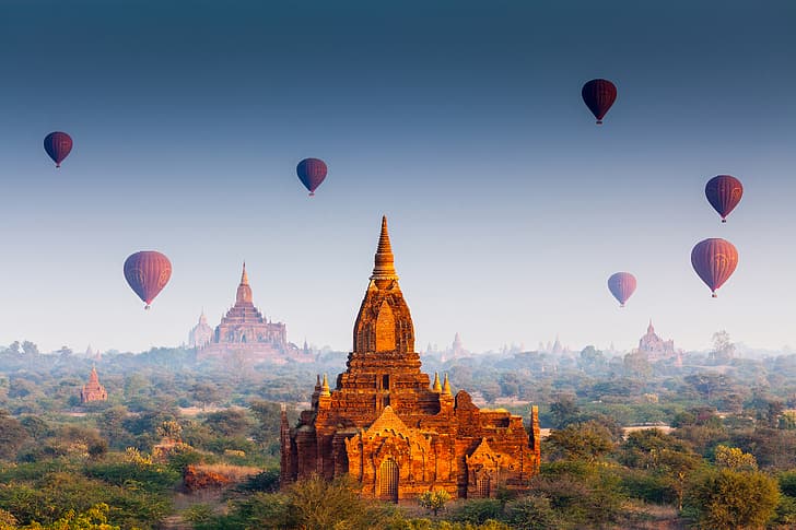forest, the sun, flight, balloons, temple, architecture, Palace, old, old town, Myanmar, Burma, Bagan, lost city, the lost town, HD wallpaper