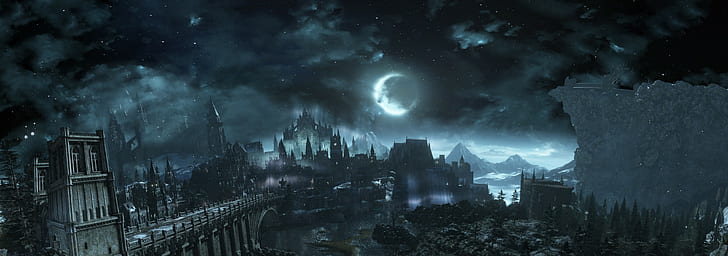 castillo, cielo, Dark Souls, fantasía oscura, Irithyll, nubes, Luna, noche, Dark Souls III, videojuegos, Fondo de pantalla HD