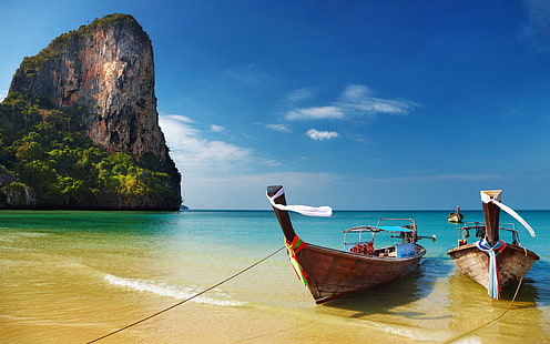 Thaïlande bateaux sur la plage Fond d'écran HD 3840 × 2400, Fond d'écran HD HD wallpaper