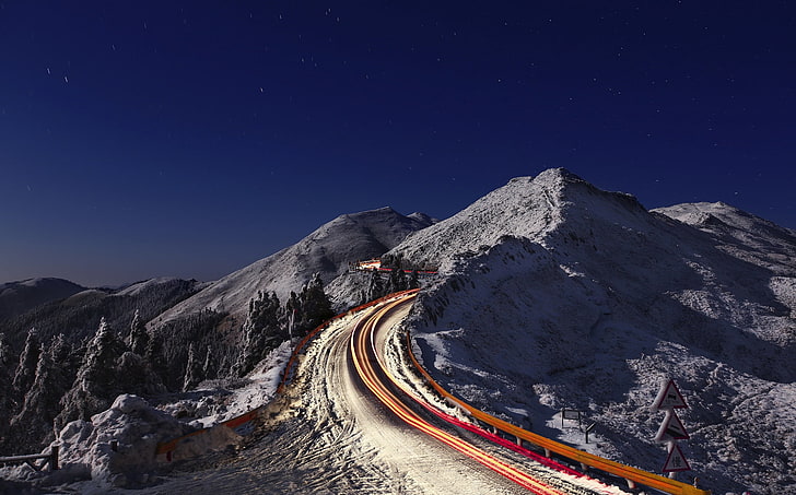горные альпы, снег, дорога, темно, природа, горы, зима, длительная выдержка, HD обои