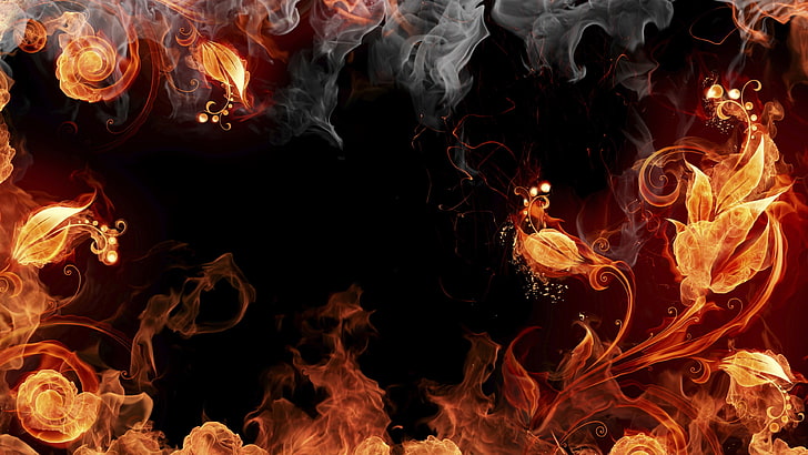 flame flowers illustration, fire, Flame Painter, leaves, flowers, digital art, HD wallpaper
