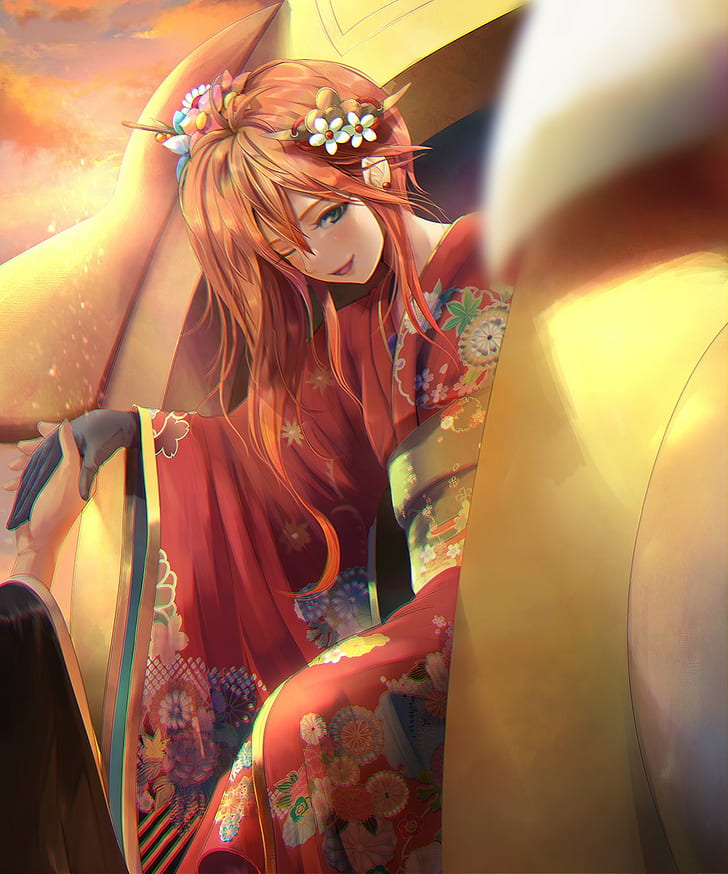Anime, Anime Girls, lange Haare, Rothaarige, japanische Kleidung, HD-Hintergrundbild, Handy-Hintergrundbild