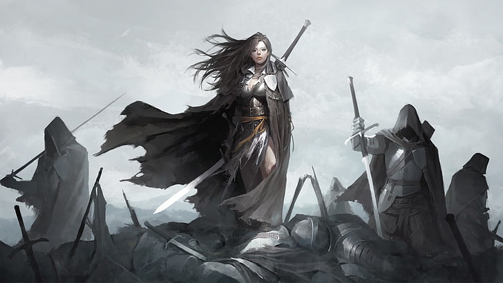 две черно-белые фигурки коня, фэнтези-арт, воин, меч, HD обои