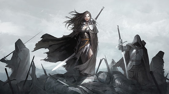 due figurine di cavallo bianco e nero, fantasy art, guerriero, spada, Sfondo HD HD wallpaper