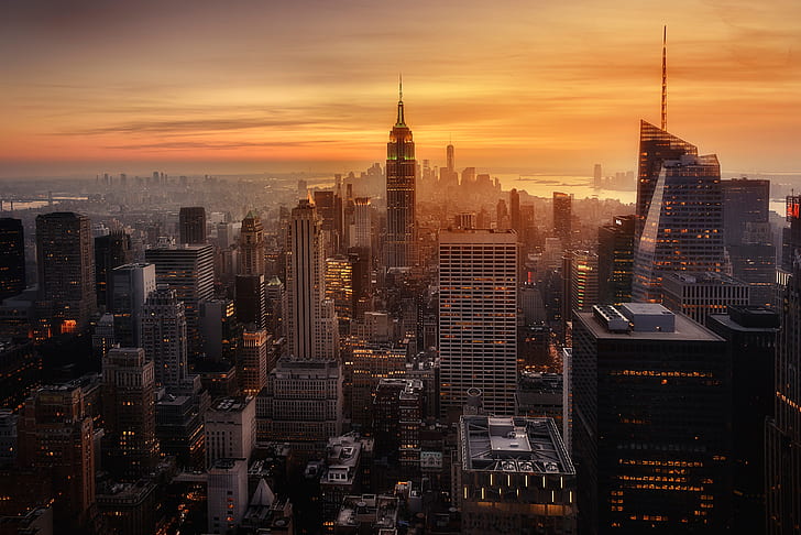 sunset, the city, the evening, haze, USA, New York, HD wallpaper