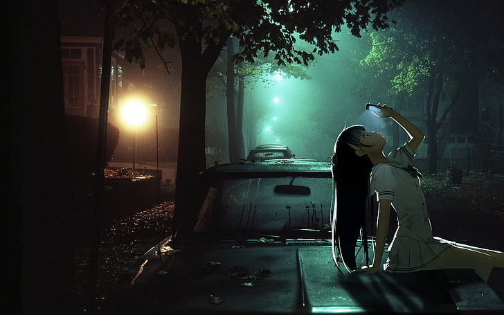 weibliche Anime-Figur, Frau sitzt auf dem Auto in der Nacht, Kantoku, Nacht, Anime Mädchen, Stadtbild, HD-Hintergrundbild