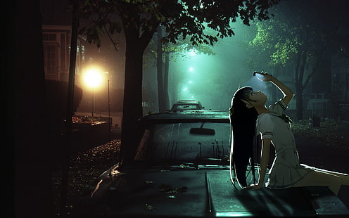женски аниме герой, жена, седнала на колата през нощта, Кантоку, нощ, аниме момичета, градски пейзаж, HD тапет HD wallpaper
