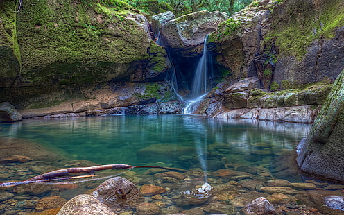 nature, landscape, waterfall, rock, pond, moss, Oregon, HD wallpaper HD wallpaper