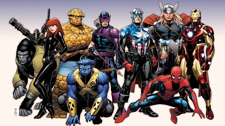 خلفية Marvel Superheroes ، كاريكاتير ، Spider-Man ، Iron Man ، Captain America ، Thor ، Hawkeye ، Beast (شخصية) ، Black Widow ، The Avengers ، Thing، خلفية HD