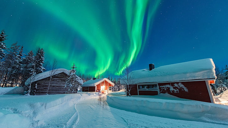 Snow, aurora borealis, winter, polar lights, log cabin, ice, northern lights,  HD wallpaper | Wallpaperbetter