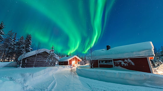 snow, aurora borealis, winter, polar lights, log cabin, ice, northern lights, snowy, night sky, HD wallpaper HD wallpaper