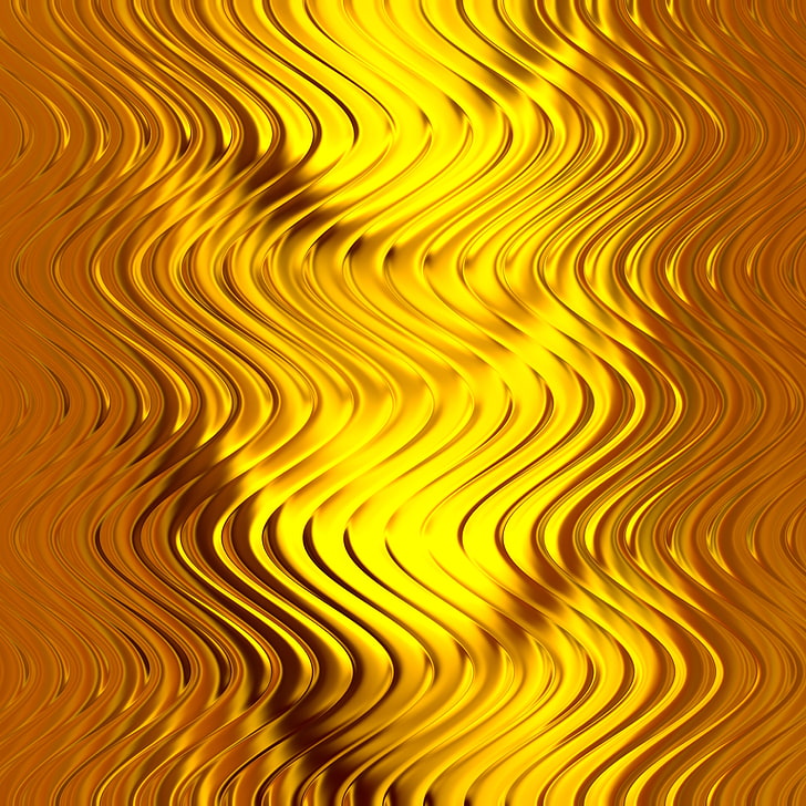 ilustrasi gelombang kuning, logam, emas, tekstur, piring, emas, Wallpaper HD
