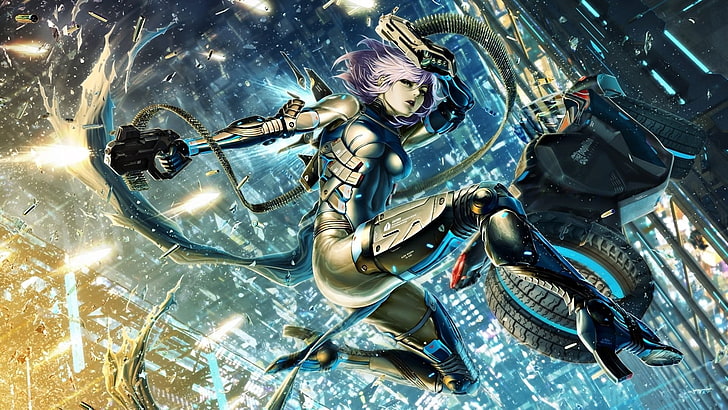 wallpaper karakter perempuan berambut ungu, karya seni, seni fantasi, anime, cyborg, futuristik, kota, karakter asli, cyberpunk, gadis anime, Wallpaper HD