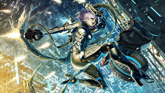 lila behaarte weibliche Figur Tapete, Grafik, Fantasiekunst, Anime, Cyborg, futuristisch, Stadt, ursprüngliche Charaktere, Cyberpunk, Animemädchen, HD-Hintergrundbild HD wallpaper