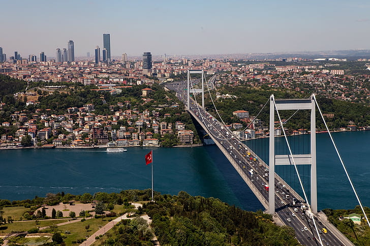 природа, Стамбул, Турция, город, городской пейзаж, мост, Босфор, мост Фатих Султан Мехмет, HD обои