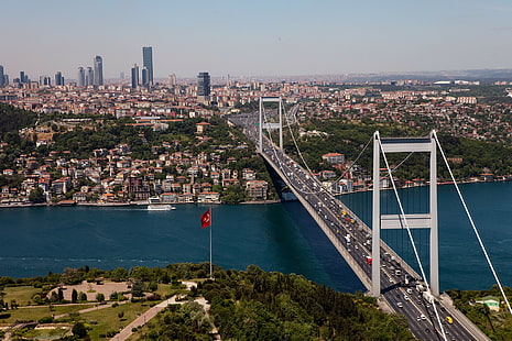 الطبيعة، اسطنبول، تركيا، المدينة، مناظر المدينة، الجسر، البوسفور، جسر السلطان محمد الفاتح، خلفية HD HD wallpaper