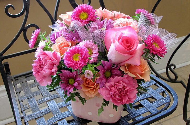 multicolored flowers bouquet, asters, carnations, roses, color, composition, chair, HD wallpaper