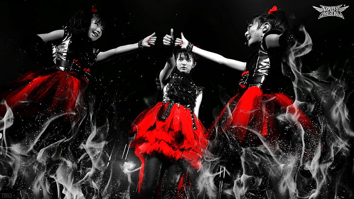 black and red floral print dress, Babymetal, selective coloring, Su-METAL, Yui-METAL, Moa-METAL, metal music, HD wallpaper
