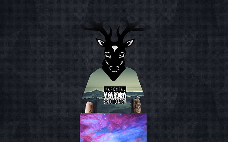 Parental Advisory text, deer, universe, space, abstract, tattoo, black, sea, sky, HD wallpaper