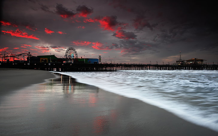 Santa Monica Pier At Sunrise, black ferris wheel, Cityscapes, , red, beach, cityscape, city, cloud, HD wallpaper