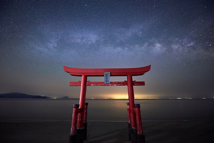röd orientalisk pelar tapet, stjärnor, gate, Japan, Vintergatan, torii, HD tapet