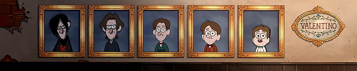 cinq cadres photo marron, Gravity Falls, dessin animé, animation, affichage multiple, Fond d'écran HD
