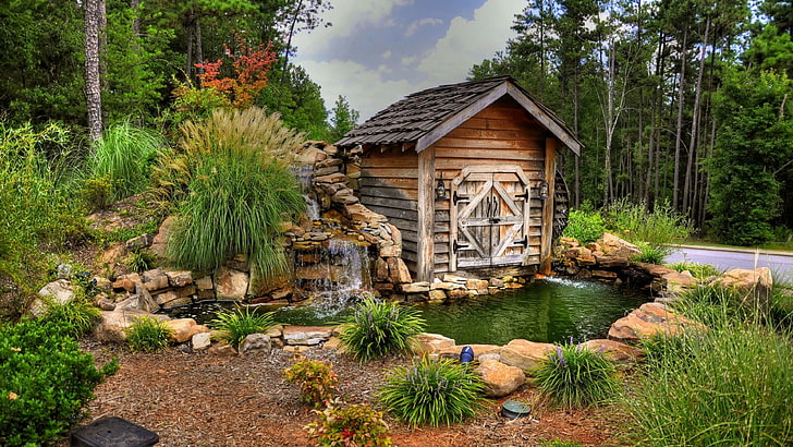 pond, landscape, waterfall, garden, cottage, plant, landscaping, home, yard, estate, outdoor structure, backyard, tree, shed, mill, watermill, HD wallpaper