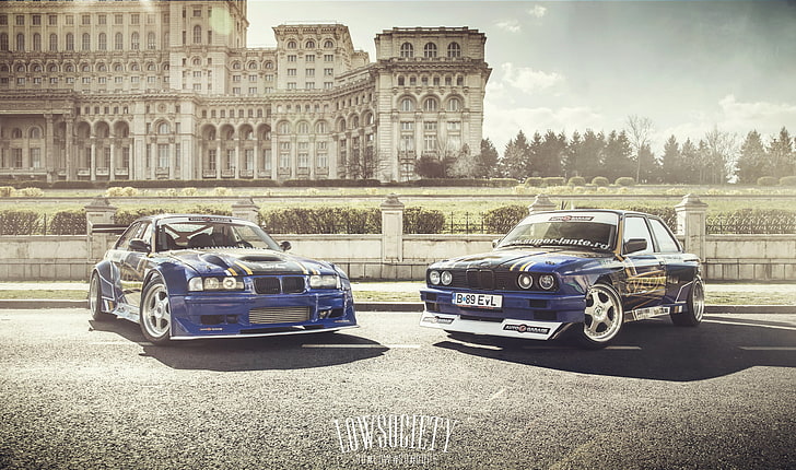 two blue cars, BMW, E30, race car, E36, Bimmers Drift, HD wallpaper
