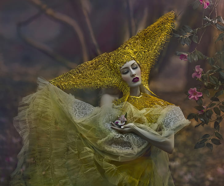 forest, girl, flowers, fantasy, makeup, art, Agnieszka Lorek, Ryo Love, HD wallpaper